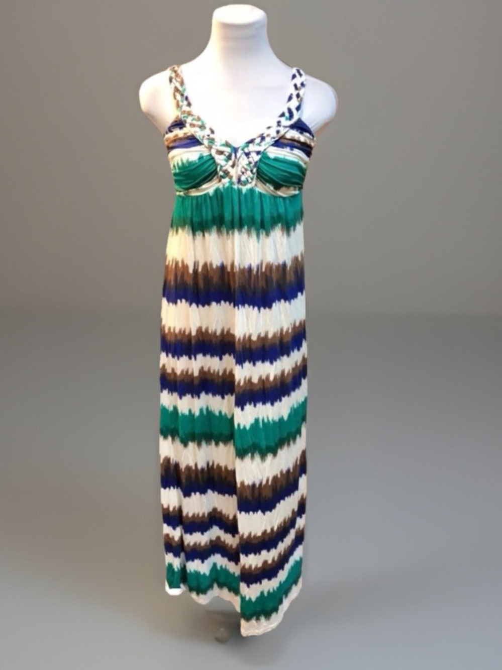 Design History Boho CHIC Tie Dye Empire Waist Braided Straps LONG Maxi D…